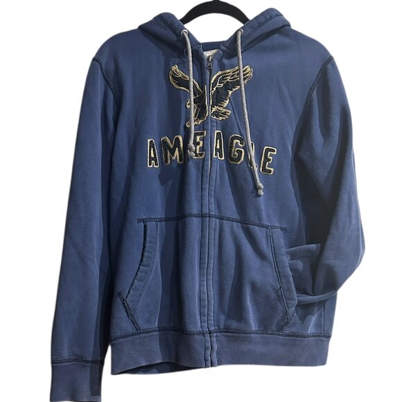 American Eagle Men’s Vintage Blue Full-Zip Hoodie Sz M Spell Out Y2K Cozycore - Picture 1 of 8